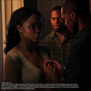 Certainly! Here's a detailed prompt for a lifelike image focusing on betrayal:

"Create a hyper-realistic image portraying a moment of betrayal involving three African American individuals. The setting is a dimly lit, intimate space like a cozy apartment. In the foreground, a beautiful black female stands close to one of the males, her partner, whose expression shows affection and trust as he holds her hand gently. Slightly behind them, the second male, who is the partner’s close friend, shares a furtive, knowing glance with the female. His body language is confident yet subtle, suggesting a hidden connection. The tension should be palpable in the image, with the lighting and shadows enhancing the emotional complexity of the scene. Facial expressions and eye contact should vividly convey the theme of deception and the emerging love triangle."