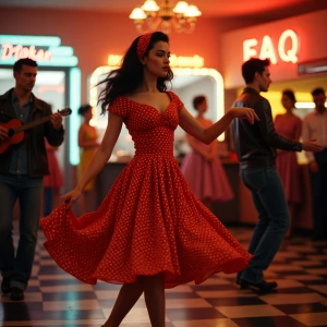 “A vibrant mid-century dance hall scene captured with a Canon EOS R5 and a 50mm f/1.2 lens. the image is focused on Dahlia Valentina fit tall supple well endowed tanned Italian American model (DahliaValentina_ai) stands in the center of a 1950s rockabilly dance, spinning in a bright red polka-dot dress with a fitted bodice and a flared skirt that lifts as she twirls. Her long wavy black hair is tied up with a matching headscarf, and she wears classic cat-eye eyeliner with a bold red lip. She dances with a charming partner dressed in a leather jacket and cuffed jeans, both caught mid-motion in a lively jitterbug step. The neon signs glow behind them, casting warm reflections on the checkered dance floor. The energy of the crowd, jukebox music, and the flickering of retro diner lights add to the nostalgic atmosphere. The composition follows dynamic angles, emphasizing movement and vintage allure.”