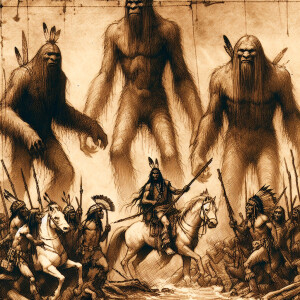 Native American warriors engaging in combat with humanoid, hairy...