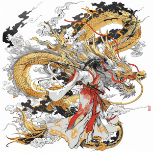 Outlined image of gold eyed Chinese dragon with the main color o...