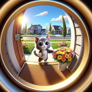 Create an image of a cute kitten standing outside a front door,...