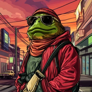 MEME PEPE in GTA art style, Maverick, in the style of a Grand T...