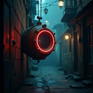 In the dimly lit alley, a neon-noir cimmerian time portal pulses...