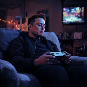 Elon Musk,playing video games on his couch, GTA style