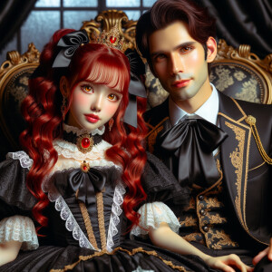 Lilith as a girl with elegant gothic lolita dress sit beside han...