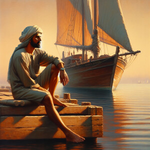 Realistic, oil painting Of a man Sitting on a dock, Man is weari...