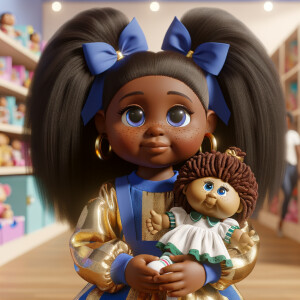 Create a 3-D image of an african-American little girl inside of a medium size, toy store. The little girl has thick long, ponytails and huge blue eyes. She has on a gold and blue jumpsuit with matching bows, She is playing with her favorite african-American cabbage patch doll, the doll has deep, dimples, and freckles and looks just like her