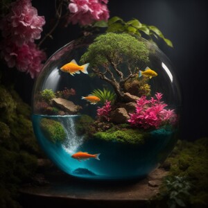 A terrarium with a flowering Bonsia tree.Brightly colored fresh...