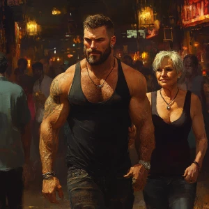 realism,a muscular beefy sweaty man,walking entering in a night...