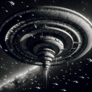 Giant space station realism black background , saucer shaped sta...