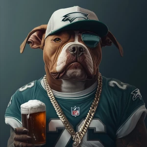 Create an image of a pit bull wearing a white gold chain and a Philadelphia Eagles  cap and football jersey. He is also holding a beer