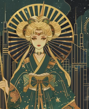 Cinematic portrait of a Sailor Moon–Geisha heroine in a Manga–Ar...