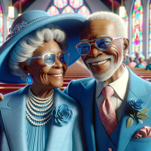 Create a heartwarming and detailed realistic 3-D image of an elderly African American couple sharing a moment of joy and laughter. The woman is stylishly dressed in a blue church suit with a matching wide-brimmed hat and bedazzled, blue-tinted glasses that sparkle with personality. Her jewelry is elegant and classic, featuring pearls and matching blue diamond earrings. The man is dapper in a sharp blue suit with a pink tie and pocket square, his glasses adding a touch of sophistication. They are at a church event, the stained glass windows casting a colorful glow around them. Their expressions are filled with happiness, reflecting a life well-lived and a relationship filled with love.