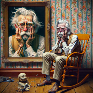 Digital art, a stylized old man with long silver hair, clean sha...