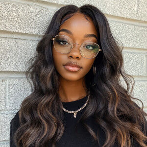 Brown Betty Boop with long wavy hair wearing glasses and urban w...