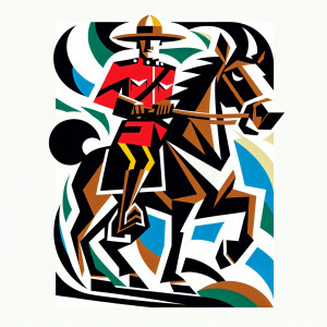 A comical caricature of a canadian mounty on his horse in the st...