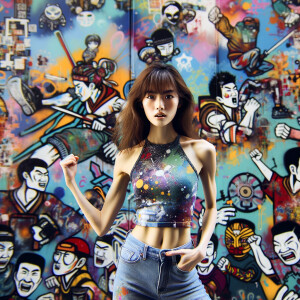 Athletic Thin skinny Attractive, Asian teenage girl, long brown hair and bangs, wearing tight skinny jeans and a halter top paint marks on her clothing, heroic pose Asian graffiti background