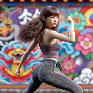 Athletic Thin skinny Attractive, Asian teenage girl, long brown hair and bangs, wearing tight skinny jeans and a halter top paint marks on her clothing, heroic pose Asian graffiti background, backside view