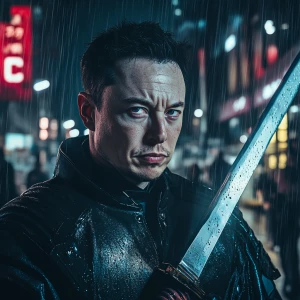 Elon Musk,swinging samurai sword, rain, police, GTA style