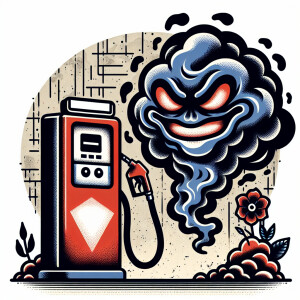 An evil cartoonish gas monster, standing next to a gas pump in a...