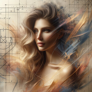 Abstract, minimalist, art cardiogram, charts complex, mathematical formulas, spontaneous lines, and paint marks, paint in hair, golden ratio