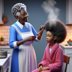 Create a realistic 3-D image of an african-American grandmother wearing a blue house dress and a white apron . She is in the kitchen with her african-American granddaughter. Her granddaughter is wearing a pink bath robe. The grandmother has a hot comb in her hand and she is straightening her granddaughters hair. One side of her granddaughters hair is in  a Afro the other straight 
There is smoke coming from the hot comb
The granddaughter is making a face