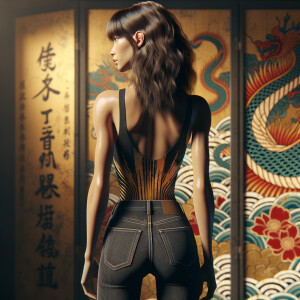 Athletic Thin skinny Attractive, Asian teenage girl, long brown hair and bangs, wearing tight skinny jeans and a halter top paint marks on her clothing, heroic pose Asian graffiti background, backside view