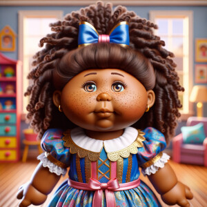 Design a 3-D realistic original African-American Cabbage Patch doll. She has on a blue pink and gold dress with matching booties. She has pink and blue bows in her hair. she lives inside of a colorful dollhouse. She has freckles and big dimples.