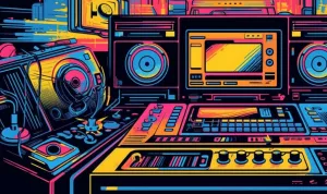 A retropunk illustration of a futuristic DJ set, blending vintag...
