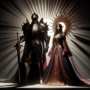 Black knight standing with a Greek elf queen with black hair and burgundy,gold and pink dress