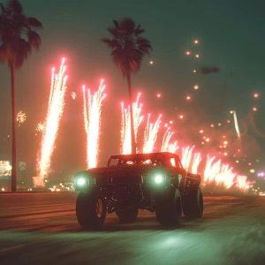 PEPE meme,Cruising in cybertruck with many fireworks shooting fr...