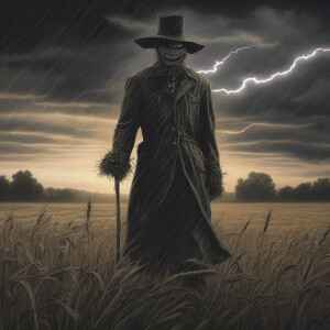 An ominous, malevolent scarecrow standing in an expansive field...