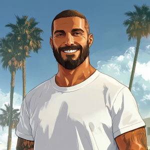 White muscular thin man with beard, big chin, smile and cheekbon...