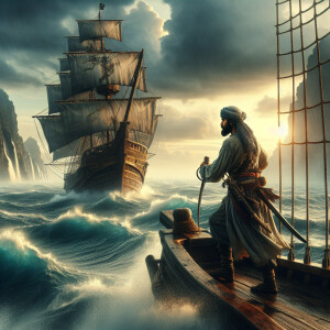 A pirate sailing a ship through a stormy sea 8k resolution, film...