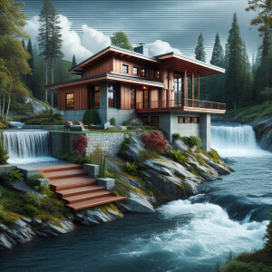Create a falling water by frank Lloyd wright image with copper c...