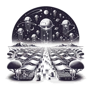 An alien marketplace on another planet, diverse extraterrestrial...