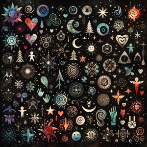Black background scattered with beautiful watercolor celestial d...