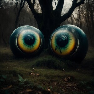 "Create an illustration of a pair of large, disembodied eyeballs...