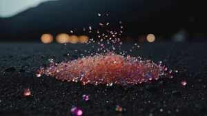 A minimalist Japanese scene with tiny glowing crystals scattered...