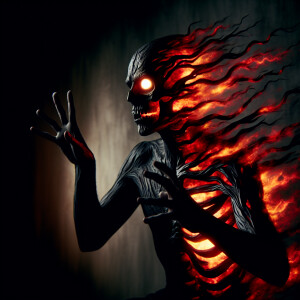 A haunting scene of a black and red hybrid skeleton human underg...