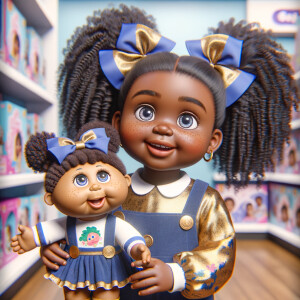 Create a 3-D image of an african-American little girl inside of a medium size, toy store. The little girl has thick long, ponytails and huge blue eyes. She has on a gold and blue jumpsuit with matching bows, She is playing with her favorite african-American cabbage patch doll, the doll has deep, dimples, and freckles and looks just like her