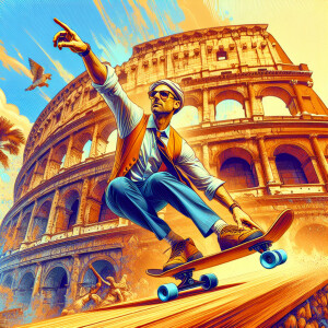 A professor skateboarding at the coliseum in Rome, Italy, anime-...