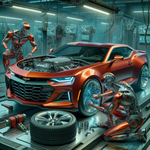 2020 performance Camaro, deep orange, in the workshop with termi...