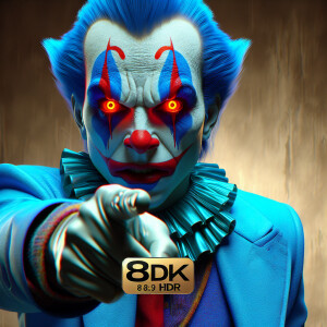 Clown with blue makeup and red glowing eyes"pointing gun effect"...