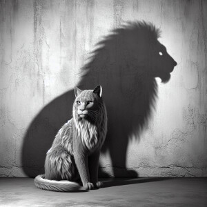 Hyper realistic image of a cat sitting near a wall, his shadow l...