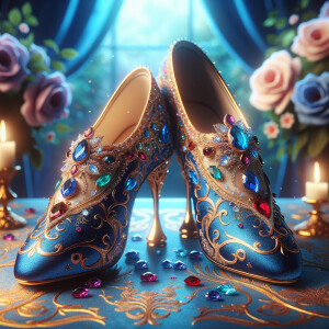 Imagine a pair of enchanting shoes, each a mirror image of the other, placed gracefully upon a regal surface. They are bathed in the soft, diffuse light that casts gentle reflections upon their silk fabric. These shoes are no ordinary footwear; they are a masterpiece of vibrant royal blue, adorned with ornate golden filigree and a multitude of glittering jewels in various hues—rubies, sapphires, emeralds, and delicate pink diamonds. Each shoe boasts an elegant, curved heel in a matching vivid blue, with tiny red and blue gems accenting the base. The shoes are positioned against a backdrop of soft-focus flowers, their pastel colors complementing the rich tones of the shoes, with hints of gold framing providing a touch of opulence. This image captures the essence of a fairy tale brought to life, a visual symphony of color and splendor.