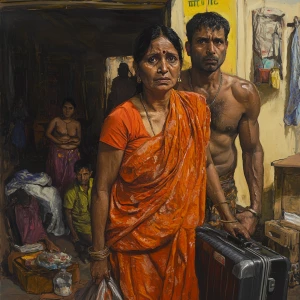 Art piece 1:1, a 54-year-old Gujarati housemaid wearing a bright...