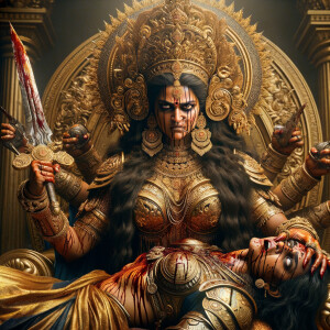 portrait of angry looking goddess durga sitting on a gold crown...