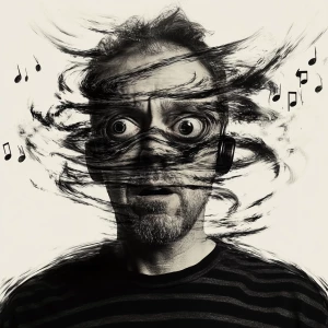 Create an image depicting a man experiencing schizophrenia, with...