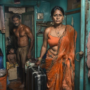 Realism ,a 54-year-old Gujarati housemaid wearing a bright orang...